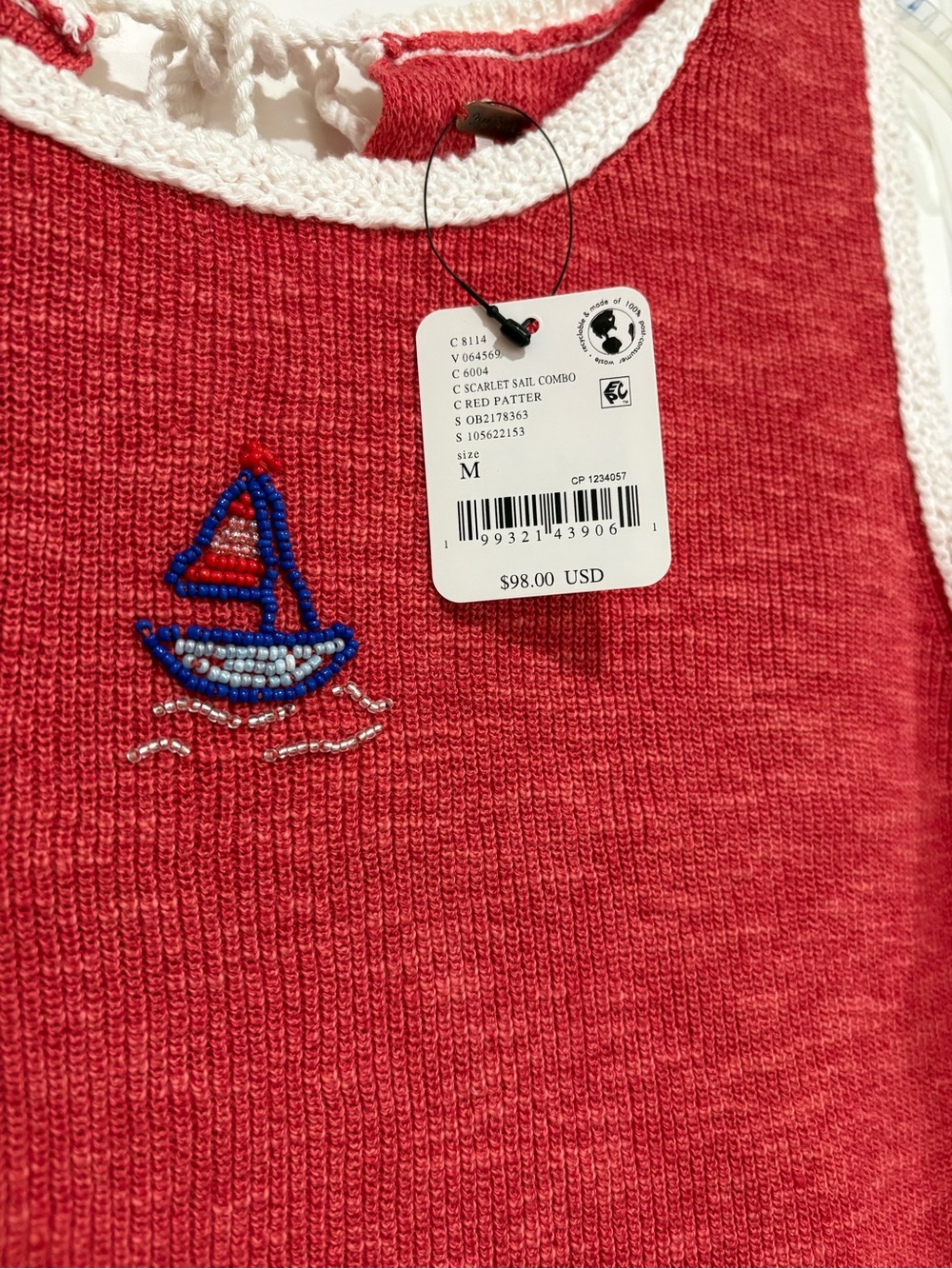 Free People Shelly Sweater Tank Red Beaded Sailboat Crop Knit Top NWT, Medium - Picture 5 of 8